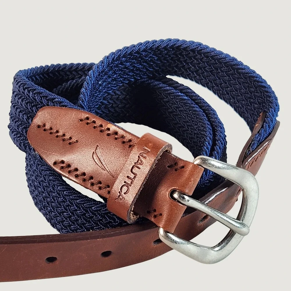 Nautica Mens 38 Braided Web Belt Navy Blue Brown Leather Trim Golf Preppy Resort